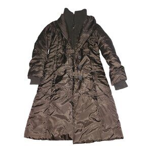 Zara Basic Brown Puff Long Coat Jacket Pockets Medium Turtleneck Polyester Zip**